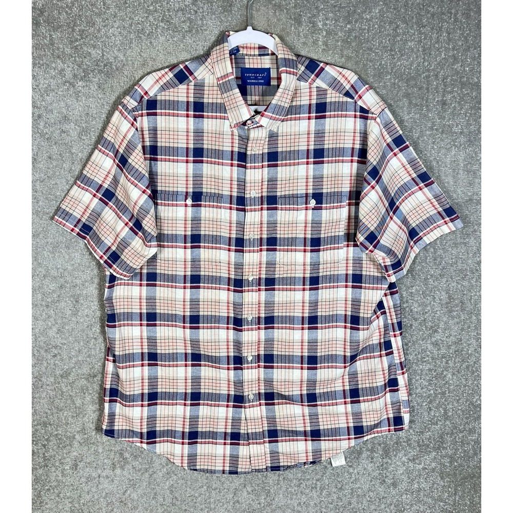 Towncraft Button Down Shirt Mens‎ Sz XLT Plaid Short Sleeve Wrinkle Free Pockets